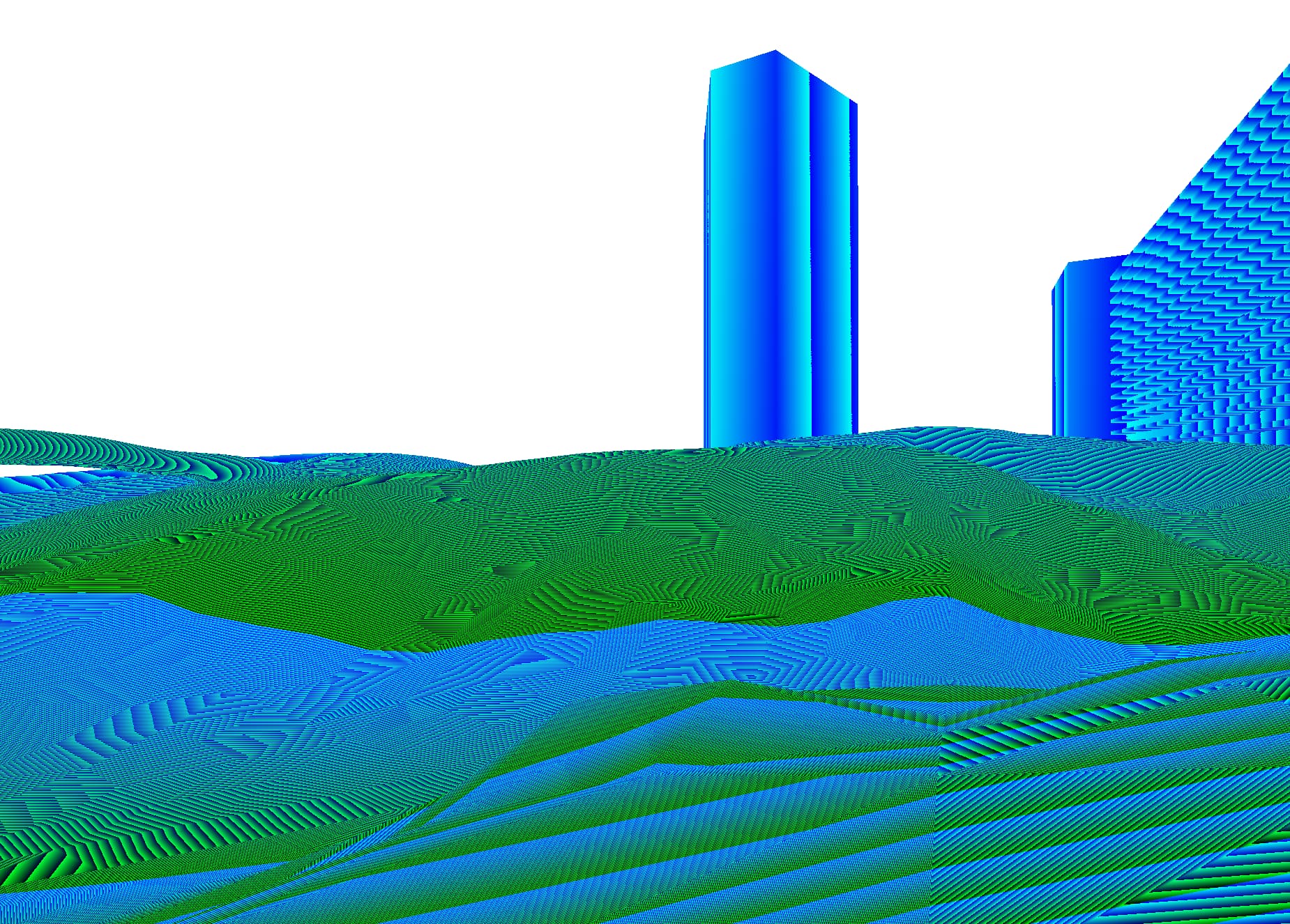 The output of the depth pass for my scene displayed as RGBA.  These is a lot of banding and strange artifacts visible